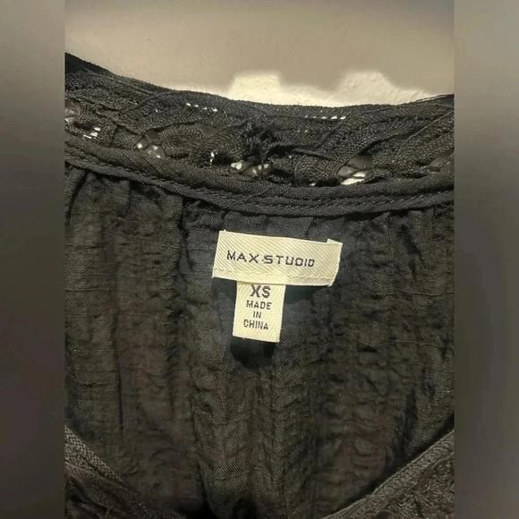 MAX STUDIO Black Flutter Sleeve Embroidered Neck Blouse / Size XS / - Picture 7 of 10